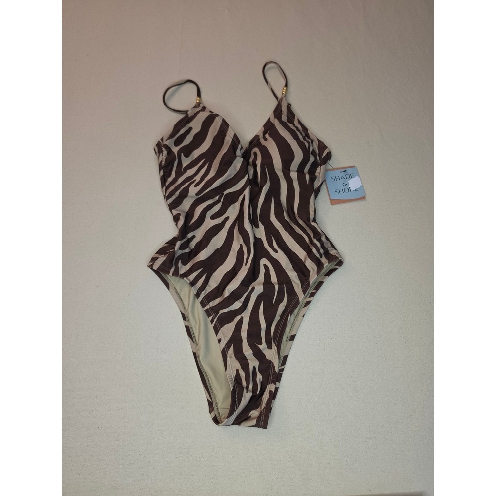 Shade & Shore Zebra Print V-Neck One Piece Swimsuit Brown Medium NWT